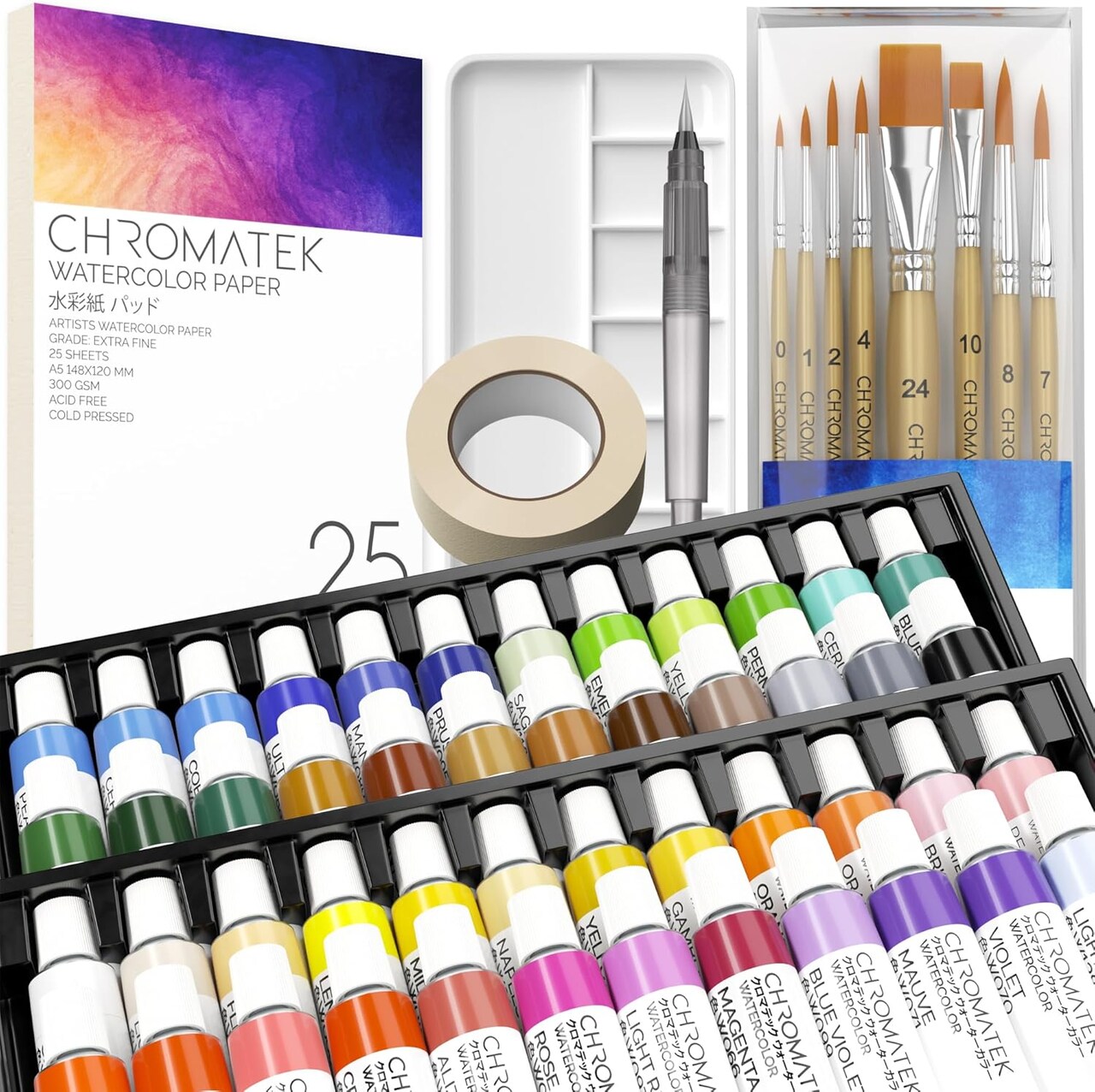 Watercolor Paint Set - 84 Piece Kit for Adults, Beginner & Professional Artists - 48 Tubes (12ml), 25 Page Sketch Paper Pad, 8 Painting Brushes, Aquapen, Palette, Masking Tape - Art Supplies